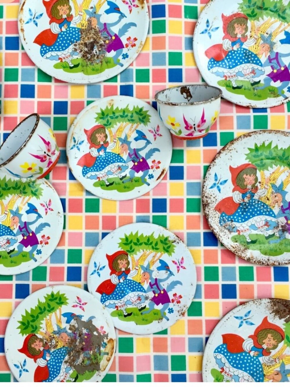 Vintage 1950s Children's Tea Set Tin Litho Little Red Riding Hood, Play Kitchen